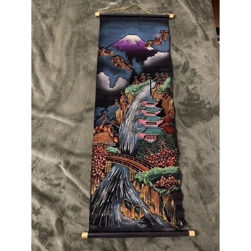 Vintage Japanese Velvet Wall Scrolls Mt. Fuji Tiger Samurai Peacock Geisha